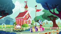 Mane Six outside the Ponyville Schoolhouse S5E19