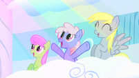 Merry May, Rainbowshine and Derpy enjoying the sight S1E16