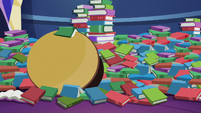 Mess of library books and table S6E21