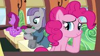 Pinkie Pie and Maud riding the train S4E18