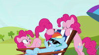 Pinkie Pie clone tickling Rainbow's nose with other clone's tail S3E03