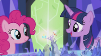 Pinkie and Rainbow's cutie marks spinning around Griffonstone S5E8