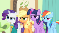 Rarity, Applejack, Twilight and Rainbow looking angry S4E14