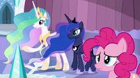 Celestia, Luna, and Pinkie looking at the storm clouds S6E2