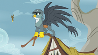 Gabby perched atop a Griffonstone cottage S6E19