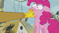 Gilda puts a scone into Pinkie's mouth S5E8