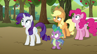 Main ponies and Spike watch the princesses S9E13