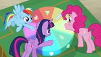 Twilight, Pinkie, and Rainbow press three buttons S7E2