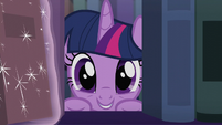 Twilight smiling on the other side of the shelf S5E12