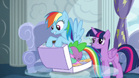Rainbow about to pack Spike in her luggage S6E7