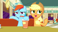 Rainbow drinking; Applejack --considers-- Twilight's remix to not be catchy S6E9