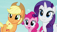 AJ, Pinkie, and Rarity looking at Twilight S8E2