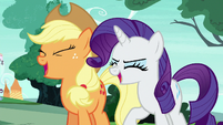 Applejack and Rarity Changelings laughing S6E25