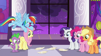 Ponies look at angel feathers on the floor S9E17