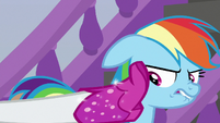 Rainbow turns away from Rarity's boot in revulsion S8E17