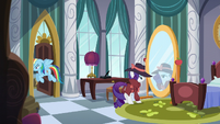 Rarity looks at mirror while Rainbow leaves room S5E15