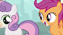 Sweetie Belle and Scootaloo with crumbs on their mouths S4E21