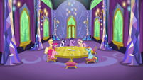 Mane Six in castle dining room zoom-out S5E3