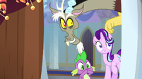 Starlight, Spike, and Discord hear Smolder S8E15