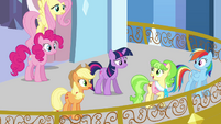 Main ponies and Peachbottom on the balcony S03E12