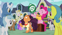 Pinkie Pie and Saffron happily advertising S6E12