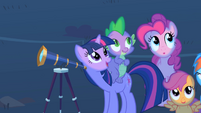 Twilight, Spike, and Pinkie watching the meteor shower S1E24