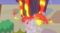 Upside-down volcano spewing lava S7E12