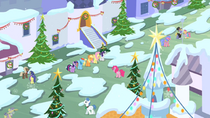 Mane 6 laughing in snowy Canterlot S2E11