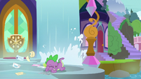 Spike shields his eyes from Derpy's crash S9E5
