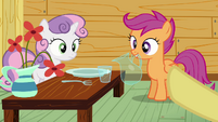 Sweetie Belle and Scootaloo at lunch table S3E04