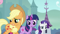 Twilight, Applejack and Rarity trotting S3E2