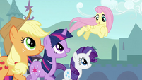 Twilight, Applejack and Rarity trotting with Fluttershy 2 S3E2