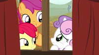 Apple Bloom and Scootaloo nudging Sweetie Belle S5E6