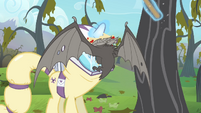 Bat lands onto Rarity's hazmat suit S4E07