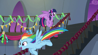 Rainbow flying excitedly down the stairs S6E7