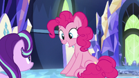 Pinkie Pie grinning at Starlight Glimmer S8E1