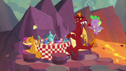 Spike, Garble, and Smolder having tea party S9E9