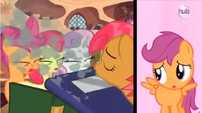 Babs Seed blows book dust at the CMC's faces while Scootaloo sings S3E4