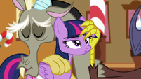 Discord rubbing Twilight's mane and horn S5E22