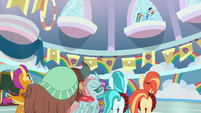 Rainbow Dash flies up to high window S9E15