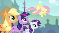 Twilight, Applejack and Rarity trotting with Fluttershy S3E2