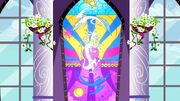 Celestia and Luna depicted on stain glass defeating 2 Discord S02.
