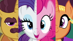 Coriander Cumin, Rarity, Pinkie Pie, Saffron Masala split screen S6E12