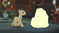 Dr. Hooves trots up to tarp-covered object S9E20