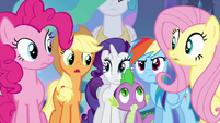 Twilight's friends and Spike looking concerned EG