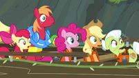Pinkie and Apples looking toward waterfall S4E09