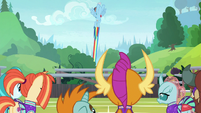 Rainbow Dash shooting up into the sky S9E15