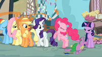Pinkie Pie blow a raspberry at Spike S3E4