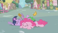 Twilight, Pinkie, and Spike on the ground S1E03