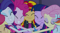 Group hug around Sunset Shimmer EG2